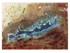 Abstraktes Acrylbild „Eisiger Bergsee“ – Sand, Marmorpulver, Struktur, Naturfarben in Blau und Erde auf Leinwand