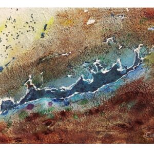 Abstraktes Acrylbild „Eisiger Bergsee“ – Sand, Marmorpulver, Struktur, Naturfarben in Blau und Erde auf Leinwand