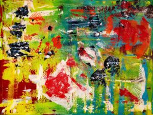 Abstraktes Acrylbild „Play with me“ – farbenfrohe Komposition mit Grün, Rot, Gelb & Blau auf Leinwand