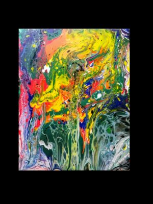 Acryl-Pouring Bild „Die fließenden Zellen“ – Blau, Grün, Gelb, Rot, Weiß, Glitzer, organische Zellmuster, lebendig und beruhigend