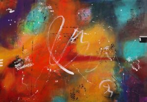 Acrylbild „Chaos“ – Mischtechnik mit Struktur, Orange, Blau, Violett, weißen Linien & Punkten auf Leinwand mit Rahmen