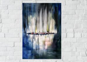 Abstraktes Acrylbild „City in Blue“ – dunkle Blautöne mit Rot, Weiß und strukturierter Mitte auf Leinwand