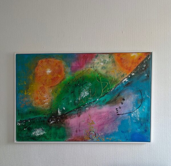„The Way to Happiness“ – TatiArt Acryl & Spachtelkunst mit harmonischen Grüntönen, Orange, Pink und Blau, geometrische Formen, eingerahmt in einem weißen Schattenfugenrahmen.
