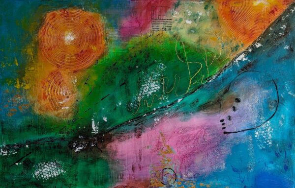 „The Way to Happiness“ – TatiArt Acryl & Spachtelkunst mit harmonischen Grüntönen, Orange, Pink und Blau, geometrische Formen, eingerahmt in einem weißen Schattenfugenrahmen.