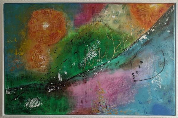 „The Way to Happiness“ – TatiArt Acryl & Spachtelkunst mit harmonischen Grüntönen, Orange, Pink und Blau, geometrische Formen, eingerahmt in einem weißen Schattenfugenrahmen.