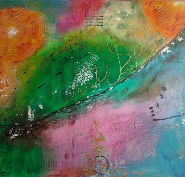 „The Way to Happiness“ – TatiArt Acryl & Spachtelkunst mit harmonischen Grüntönen, Orange, Pink und Blau, geometrische Formen, eingerahmt in einem weißen Schattenfugenrahmen.
