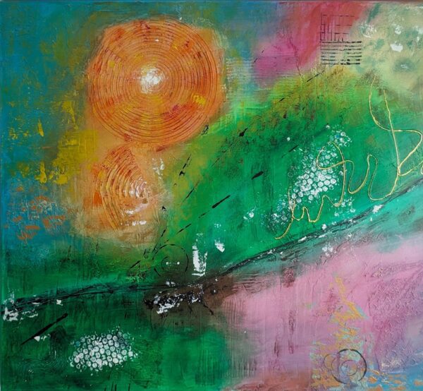 „The Way to Happiness“ – TatiArt Acryl & Spachtelkunst mit harmonischen Grüntönen, Orange, Pink und Blau, geometrische Formen, eingerahmt in einem weißen Schattenfugenrahmen.