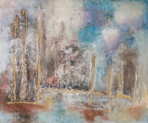 Abstraktes Acrylbild „Erosion der Realität“ von TatiArt – Mischtechnik mit Struktur und Goldlinien auf Leinwand