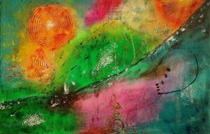 „The Way to Happiness“ – TatiArt Acryl & Spachtelkunst mit harmonischen Grüntönen, Orange, Pink und Blau, geometrische Formen, eingerahmt in einem weißen Schattenfugenrahmen.