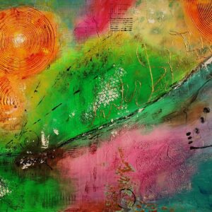 „The Way to Happiness“ – TatiArt Acryl & Spachtelkunst mit harmonischen Grüntönen, Orange, Pink und Blau, geometrische Formen, eingerahmt in einem weißen Schattenfugenrahmen.