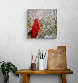 Abstraktes Acryl-Pouring Gemälde „Die Kaktusblüte“ in Rot, Rosé, Grün mit Glitzerakzenten auf Leinwand