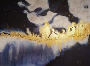 Goldene Galaxie – abstraktes Acrylbild in Blau mit goldenen Stern-Akzenten und strukturierter Oberfläche