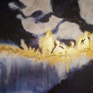 Goldene Galaxie – abstraktes Acrylbild in Blau mit goldenen Stern-Akzenten und strukturierter Oberfläche