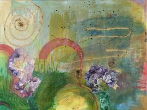 Abstraktes Acrylbild „Spirale der Natur“ mit spiralförmigen Mustern, floralen Elementen und Grüntönen auf strukturierter Leinwand