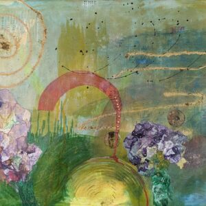 Abstraktes Acrylbild „Spirale der Natur“ mit spiralförmigen Mustern, floralen Elementen und Grüntönen auf strukturierter Leinwand