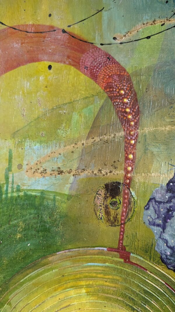 Abstraktes Acrylbild „Spirale der Natur“ mit spiralförmigen Mustern, floralen Elementen und Grüntönen auf strukturierter Leinwand