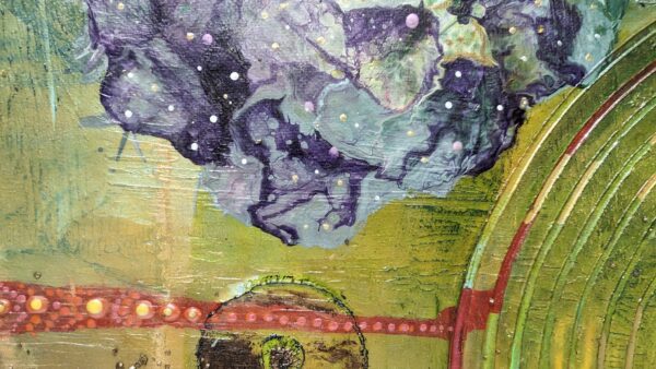 Abstraktes Acrylbild „Spirale der Natur“ mit spiralförmigen Mustern, floralen Elementen und Grüntönen auf strukturierter Leinwand