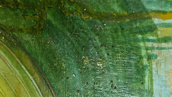 Abstraktes Acrylbild „Spirale der Natur“ mit spiralförmigen Mustern, floralen Elementen und Grüntönen auf strukturierter Leinwand