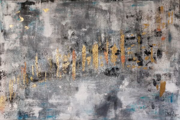 Acrylbild „Gold durchbricht Tristesse“ – graue Flächen mit goldenen Akzenten aus Blattgold, veredelt mit Spachtelmasse, 60 x 90 cm