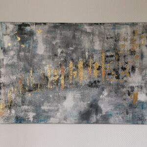 Acrylbild „Gold durchbricht Tristesse“ – graue Flächen mit goldenen Akzenten aus Blattgold, veredelt mit Spachtelmasse, 60 x 90 cm