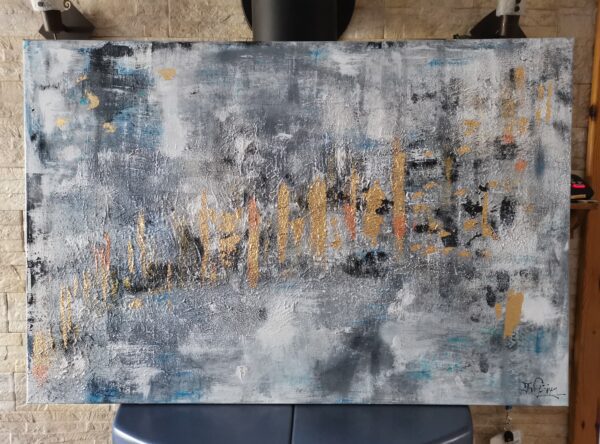 Acrylbild „Gold durchbricht Tristesse“ – graue Flächen mit goldenen Akzenten aus Blattgold, veredelt mit Spachtelmasse, 60 x 90 cm