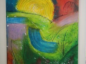 „Abstrakte Landschaft“ – Acrylmischtechnik auf Leinwand mit Spachtelmasse, lebendige Farben und Texturen, die die Natur in einer abstrakten Form widerspiegeln.