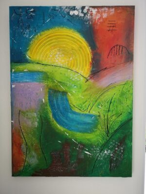 „Abstrakte Landschaft“ – Acrylmischtechnik auf Leinwand mit Spachtelmasse, lebendige Farben und Texturen, die die Natur in einer abstrakten Form widerspiegeln.