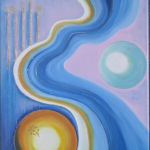 Acrylbild „Blaues Lichtspiel“ – sanfte Blautöne mit Silberakzenten, geschwungene Formen und fließende Struktur, 60 x 50 cm