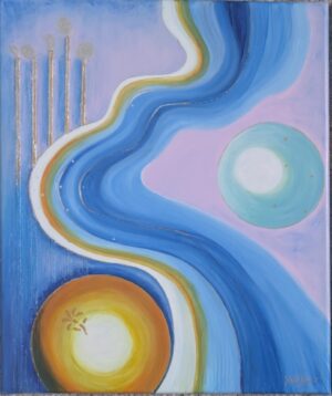 Acrylbild „Blaues Lichtspiel“ – sanfte Blautöne mit Silberakzenten, geschwungene Formen und fließende Struktur, 60 x 50 cm