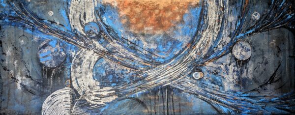 Abstraktes Acrylbild „Blaues Universum“ – Blautöne, Struktur, Silberakzente, moderne Weltrauminspiration auf Leinwand