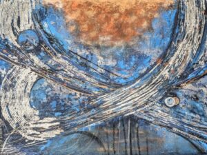 Abstraktes Acrylbild „Blaues Universum“ – Blautöne, Struktur, Silberakzente, moderne Weltrauminspiration auf Leinwand