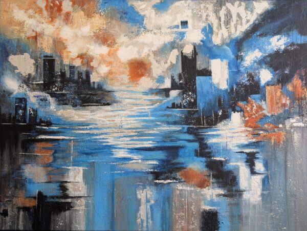 Abstraktes Acrylbild „Hoffnung im Licht“ – urbane Landschaft mit Blautönen, Kupferakzenten & Blattsilber, reflektierend & lichtdurchflutet