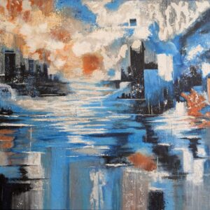 Abstraktes Acrylbild „Hoffnung im Licht“ – urbane Landschaft mit Blautönen, Kupferakzenten & Blattsilber, reflektierend & lichtdurchflutet