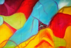 Acrylbild „Durchbruch“ – abstraktes Kunstwerk mit kräftigen Farbflächen in Rot, Blau, Gelb & Grün, durchzogen von schwarzer Struktur & Linien