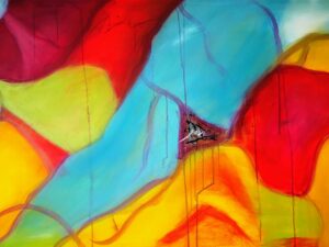 Acrylbild „Durchbruch“ – abstraktes Kunstwerk mit kräftigen Farbflächen in Rot, Blau, Gelb & Grün, durchzogen von schwarzer Struktur & Linien