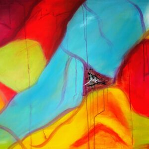 Acrylbild „Durchbruch“ – abstraktes Kunstwerk mit kräftigen Farbflächen in Rot, Blau, Gelb & Grün, durchzogen von schwarzer Struktur & Linien