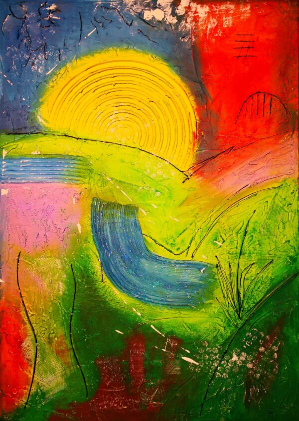 „Abstrakte Landschaft“ – Acrylmischtechnik auf Leinwand mit Spachtelmasse, lebendige Farben und Texturen, die die Natur in einer abstrakten Form widerspiegeln.