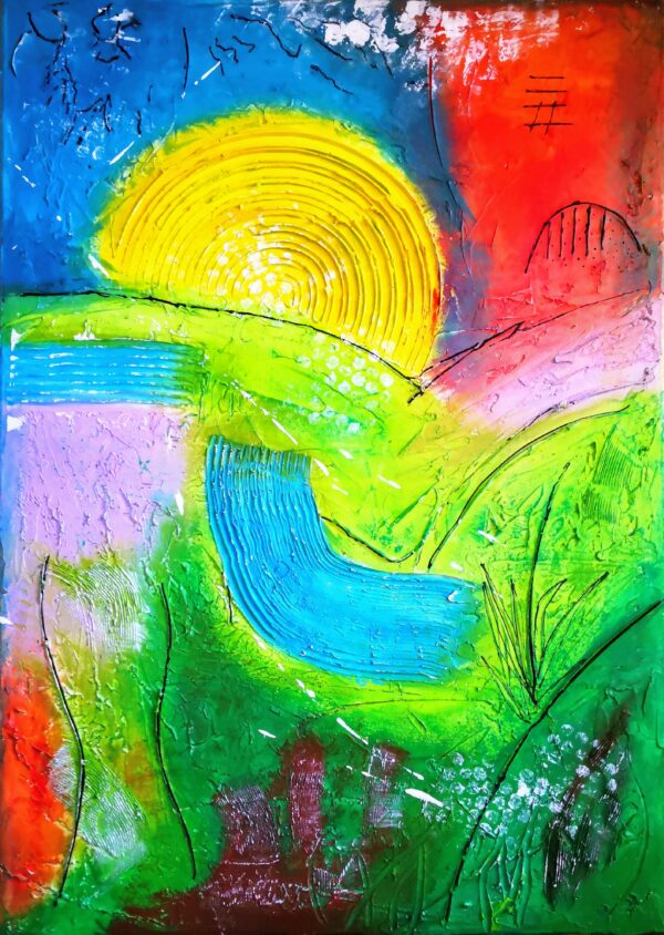 „Abstrakte Landschaft“ – Acrylmischtechnik auf Leinwand mit Spachtelmasse, lebendige Farben und Texturen, die die Natur in einer abstrakten Form widerspiegeln.
