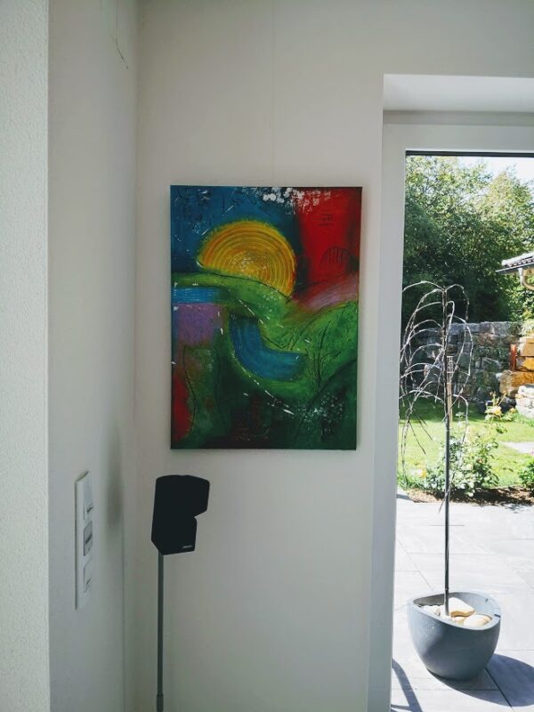 „Abstrakte Landschaft“ – Acrylmischtechnik auf Leinwand mit Spachtelmasse, lebendige Farben und Texturen, die die Natur in einer abstrakten Form widerspiegeln.