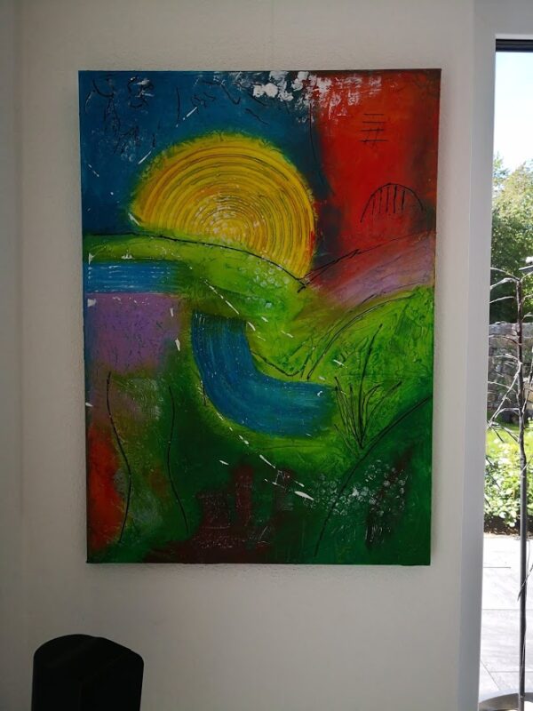 „Abstrakte Landschaft“ – Acrylmischtechnik auf Leinwand mit Spachtelmasse, lebendige Farben und Texturen, die die Natur in einer abstrakten Form widerspiegeln.