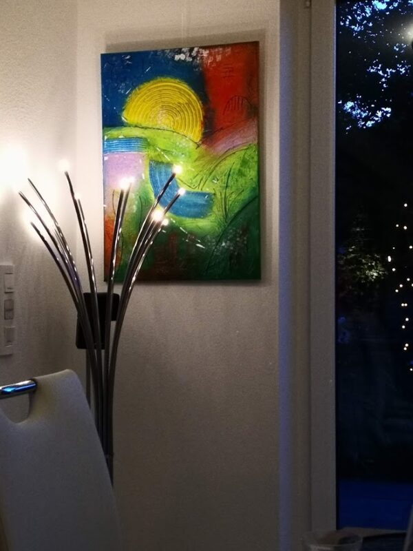 „Abstrakte Landschaft“ – Acrylmischtechnik auf Leinwand mit Spachtelmasse, lebendige Farben und Texturen, die die Natur in einer abstrakten Form widerspiegeln.