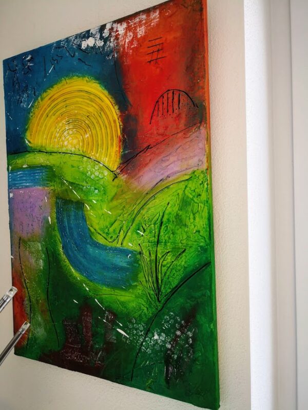 „Abstrakte Landschaft“ – Acrylmischtechnik auf Leinwand mit Spachtelmasse, lebendige Farben und Texturen, die die Natur in einer abstrakten Form widerspiegeln.