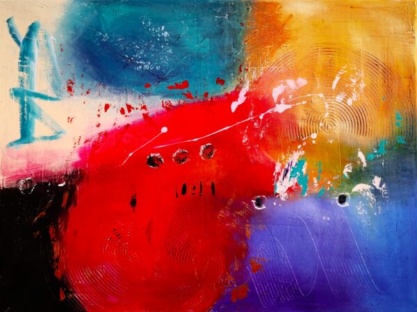 Acryl Mixed-Media Kunstwerk „Motivation“ – kräftige Blau-, Rot- und Goldtöne auf Leinwand, kombiniert mit Spachtelmasse, von Tatiana Guennewig