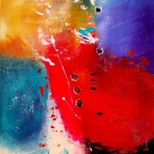 Acryl Mixed-Media Kunstwerk „Motivation“ – kräftige Blau-, Rot- und Goldtöne auf Leinwand, kombiniert mit Spachtelmasse, von Tatiana Guennewig