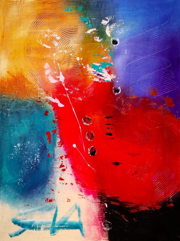 Acryl Mixed-Media Kunstwerk „Motivation“ – kräftige Blau-, Rot- und Goldtöne auf Leinwand, kombiniert mit Spachtelmasse, von Tatiana Guennewig