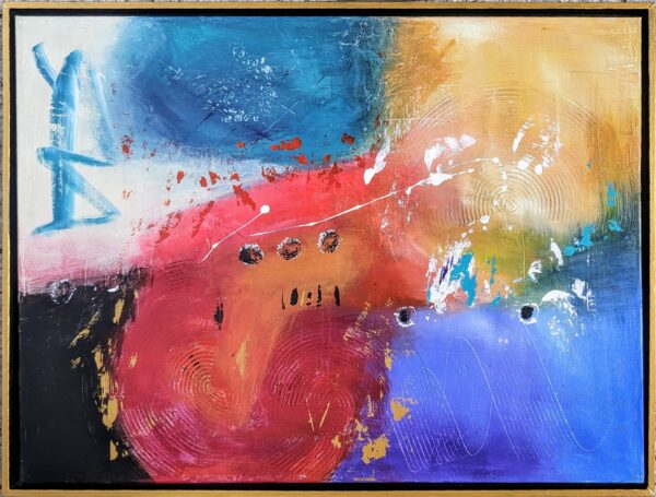 Acryl Mixed-Media Kunstwerk „Motivation“ – kräftige Blau-, Rot- und Goldtöne auf Leinwand, kombiniert mit Spachtelmasse, von Tatiana Guennewig