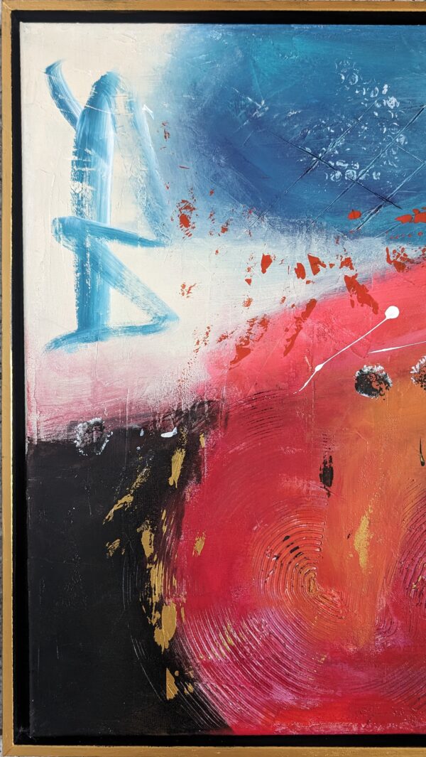 Acryl Mixed-Media Kunstwerk „Motivation“ – kräftige Blau-, Rot- und Goldtöne auf Leinwand, kombiniert mit Spachtelmasse, von Tatiana Guennewig