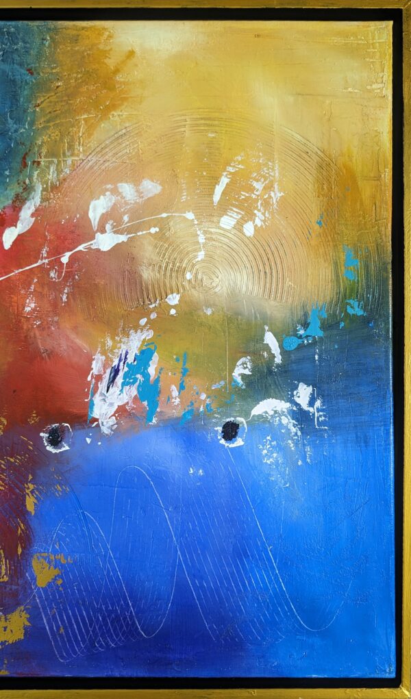 Acryl Mixed-Media Kunstwerk „Motivation“ – kräftige Blau-, Rot- und Goldtöne auf Leinwand, kombiniert mit Spachtelmasse, von Tatiana Guennewig