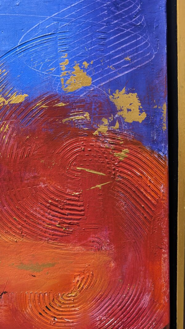 Acryl Mixed-Media Kunstwerk „Motivation“ – kräftige Blau-, Rot- und Goldtöne auf Leinwand, kombiniert mit Spachtelmasse, von Tatiana Guennewig