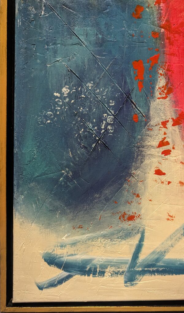 Acryl Mixed-Media Kunstwerk „Motivation“ – kräftige Blau-, Rot- und Goldtöne auf Leinwand, kombiniert mit Spachtelmasse, von Tatiana Guennewig